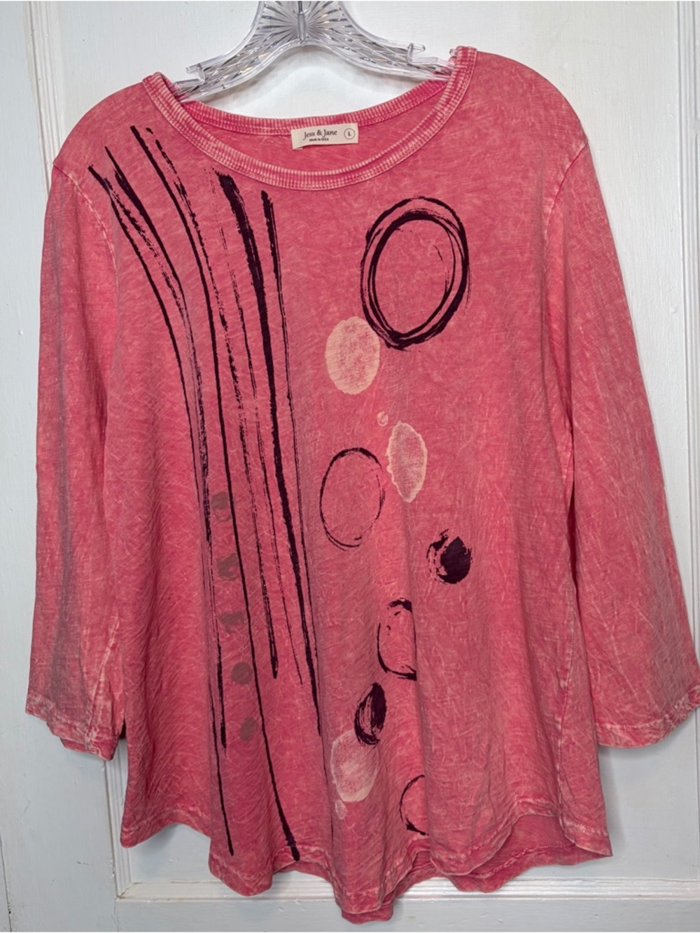 Jess & Jane Light Coral Pink Abstract Mineral Wash Cotton Knit Top Size Large
